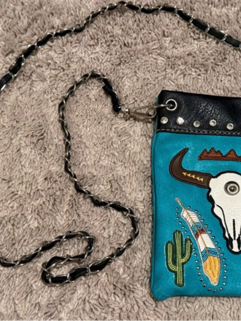 Turquoise Crossbody Bag with Western Skull & Cactus Design